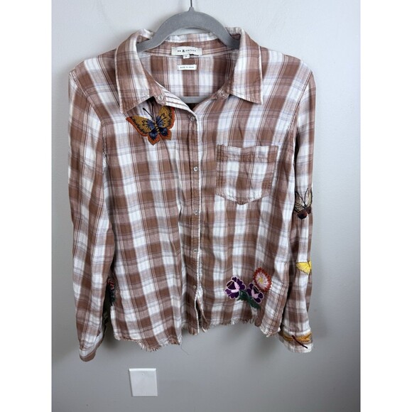 Miss Me Vintage Plaid Floral Embroidered Flannel Button Long Sleeve Shirt S Y2k - Picture 1 of 12